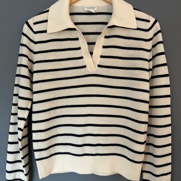 CLUB MONACO CASHMERE BLEND JOHNNY COLLAR BLUE STRIPED SWEATER SIZE M - Picture 3 of 12